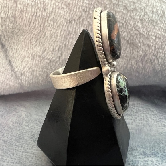 ❤️ Rare Black Jack Turquoise 2 Stone 926 Adj Size 8.25 Navajo Ring 9.5gm Unisex - Picture 4 of 11
